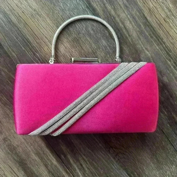 Elegant Pink Satin Clutch with Silver Handle and Rhinestone Accent - Picture 1 of 2